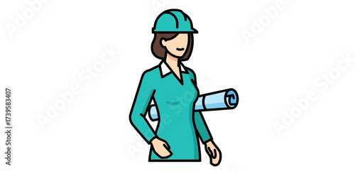 Female engineer with blueprints designing construction plans on-site wearing a hard hat for safety representing architecture and development