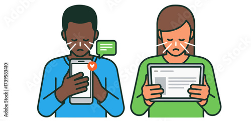 Feeling cyberbullying a sad man looking at phone and a woman at tablet showing digital emotional distress on the internet illustrating cyber abuse risk.
