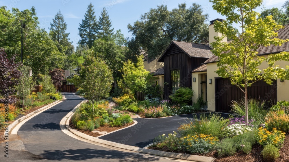 Naklejka premium Medium shot of porous asphalt pathway in suburban neighborhood demonstrating sustainable design for improved drainage and environmental benefits.