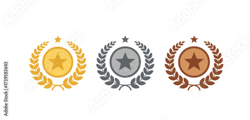 gold silver bronze awards achievement medals with star emblems and laurel wreaths for recognition perfect for celebrating success and sports achievements.