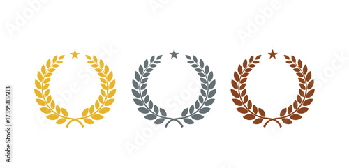 gold silver bronze awards wreaths laurel wreaths with stars for victory champion achievements in sports success recognition and excellence celebration.