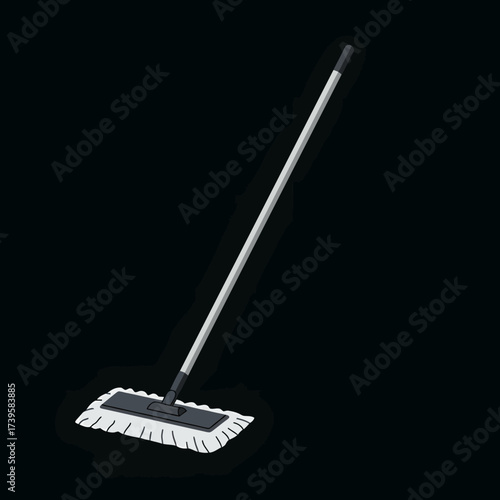 White cleaning mop with long handle on black background.