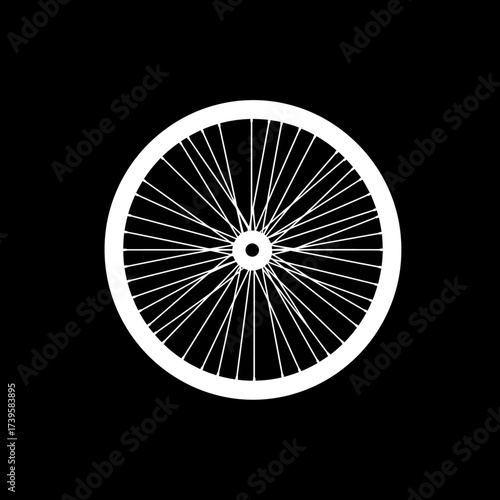 White bicycle wheel with spokes on a black background for design.