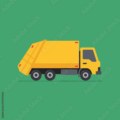 Yellow garbage truck illustration on green background for waste management.