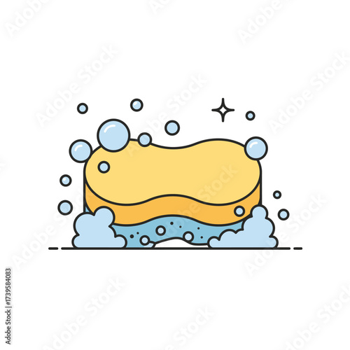 Yellow Sponge with Soap Bubbles and Suds.