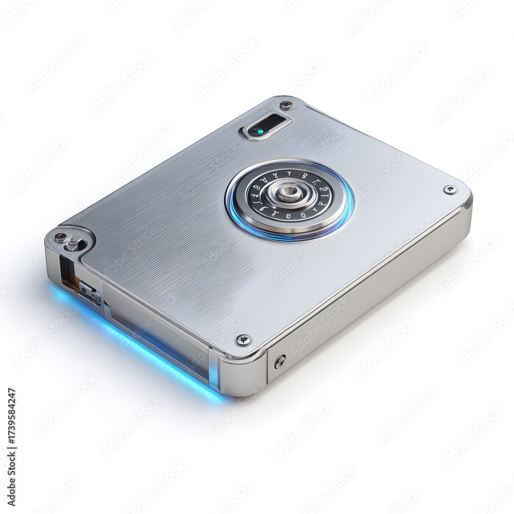Fototapeta premium Secure silver external hard drive with dial lock for data protection and privacy. isolated on white background