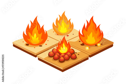 Cartoon campfire. Fire flames, bright fireball, heat wildfire and red hot bonfire, campfire, red fiery flames isolated vector illustration set. Animated form and square, fireball and flame.vector icon