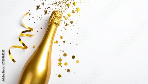 Golden champagne bottle with festive ribbon, confetti, and glitter on white surface.