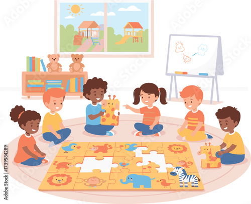 Children playing with puzzle pieces on the floor in a bright classroom, fostering teamwork and creativity in a playful learning environment.