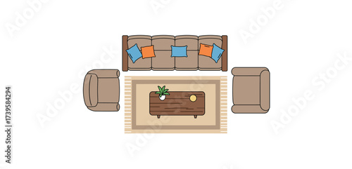 interior design layout top view of a living room with sofa armchairs rug and table creating a cozy and functional space for relaxation decor design