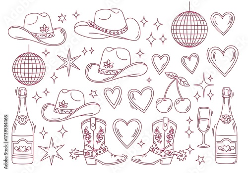 Western Y2K Style Outline Icons Set: Cowboy Hats Boots Disco Balls Champagne and Hearts