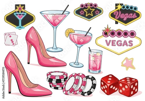 Dynamic Las Vegas Themed Vector Icons Featuring Neon Signs Cocktails and Casino Elements
