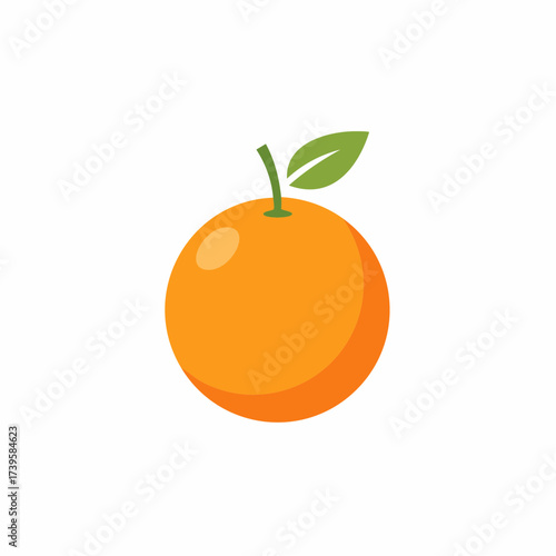 Simple cartoon illustration of a bright orange with a green leaf and stem