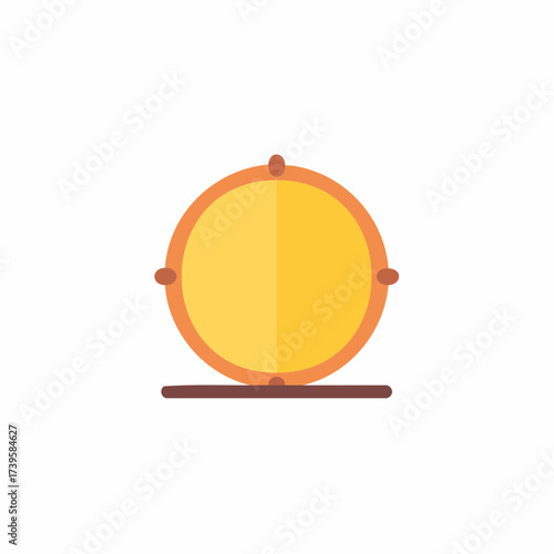 Illustration of a round drum sitting on a stand with drumsticks attached