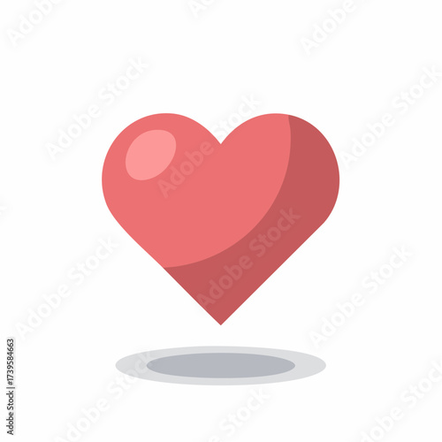 Volumetric pink heart icon with shadow floating in the air Simple flat design vector illustration for love and health