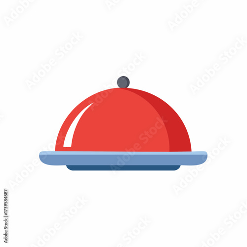 Red serving platter with dome lid on a blue plate in a flat design style, food concept.