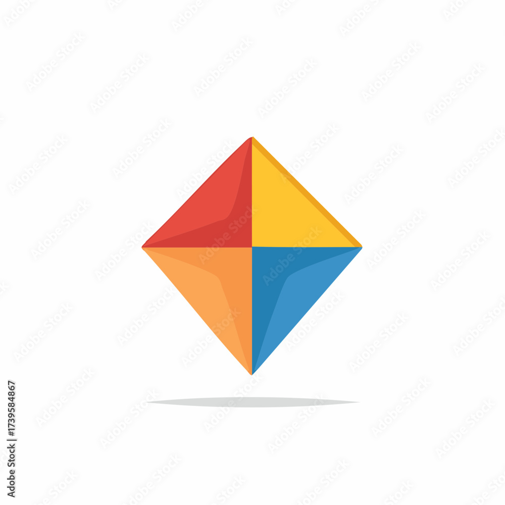 Naklejka premium Abstract rhombus geometric figure with triangular sections in vibrant red, orange, yellow and blue color