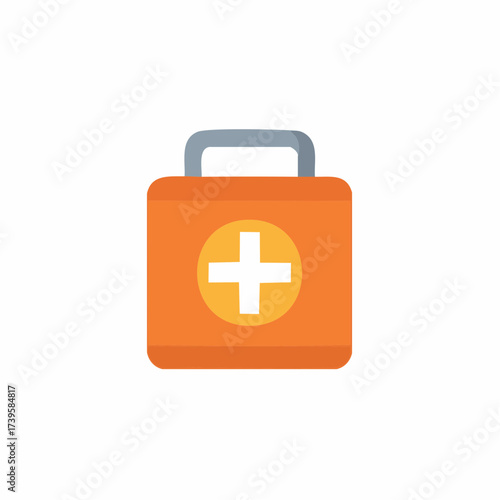 Orange first aid kit icon with a white cross symbol illustration.