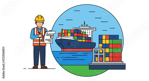 Maritime worker inspecting cargo ship loaded with colorful containers at port ensuring secure global trade and efficient logistics perfect for transport industry