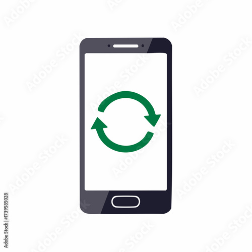 Smartphone displaying a green circular refresh or sync icon on its screen