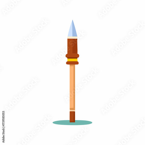Stylized primitive spear with sharp blade and wooden pole standing upright on ground