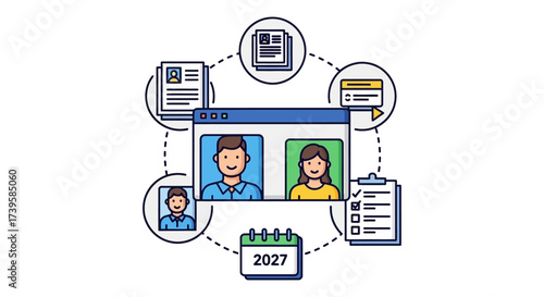 online meeting in 2027 team collaboration on a web conference discussing future projects and goals illustrating virtual communication and corporate planning