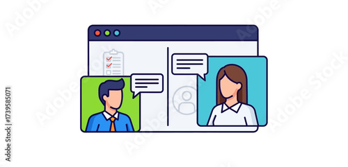 online meeting illustration businesspeople collaborating virtually sharing ideas in a web conference environment ideal for remote communication and teamwork.