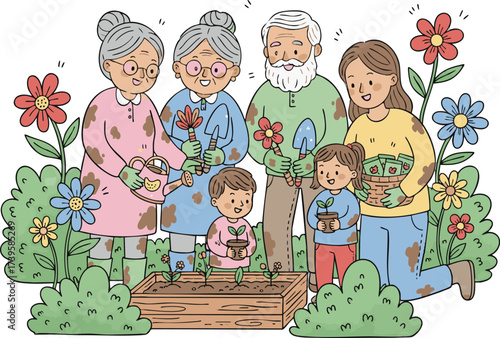 Family planting flowers together in garden with smiles, creating a joyful scene of intergenerational bonding and shared love for nature.