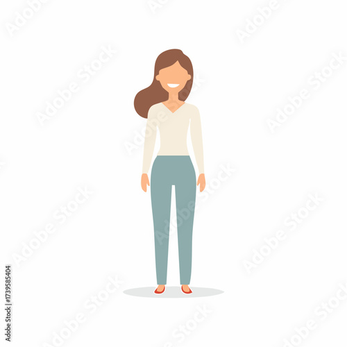 Smiling young woman in casual clothes standing full length. Flat design vector illustration.