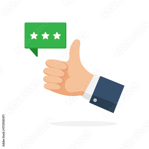 vector illustration of a hand giving a thumbs up beside a green speech bubble with three stars, symbolizing positive feedback, good rating, and customer approval in marketing.