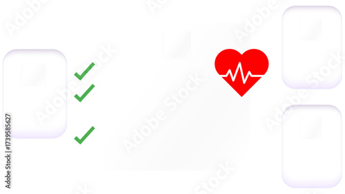 red heart with blue ribbon, vector illustration of a human body, transparent digital holographic visuals displaying vital health statistics like heart rate, temperature, and other health metrics