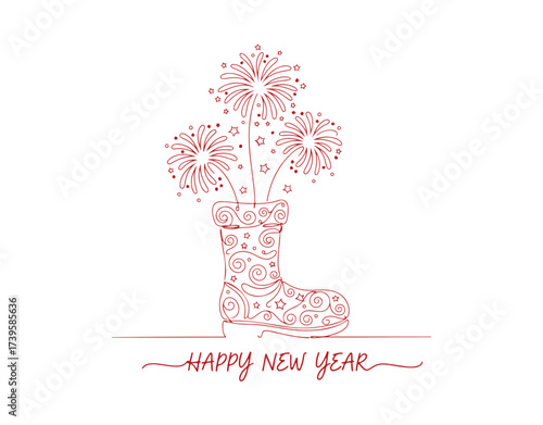 A continuous single line drawing of a Christmas boot. It's all about the New Year's celebration, set against a white background. Here's a vector sketch illustration.