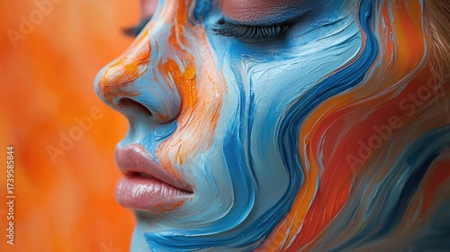 Vibrant Abstract Painting on Human Face with Flowing Colors and Details