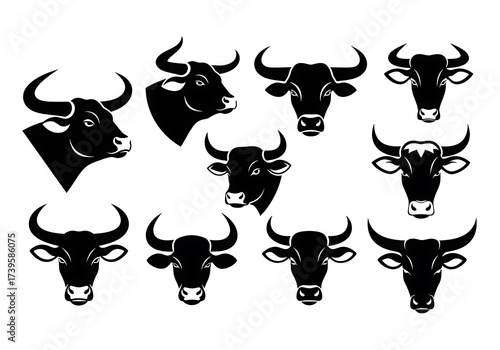 Diverse Set of Bull and Ox Head Silhouettes in Bold Black, Presenting Different Perspectives for Agricultural, Sporting, or Branding Projects
