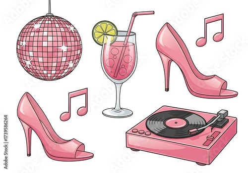 Vibrant Pink-Themed Party and Disco Elements: Glitter Ball, Cocktail, High Heels, Music Notes, and Turntable for Festive Designs