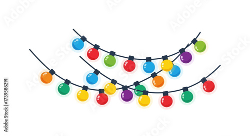 Festive illuminated strings of multi-colored lights isolated on a white background for holiday