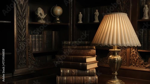 A cozy room with a lamp, books, and ornamental objects on shelves