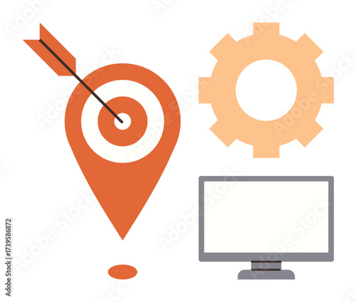Arrow hitting marker pin as a target, gear icon, and computer monitor representing goal-setting, analytics, and system optimization. Ideal for strategy, productivity, planning, decision-making