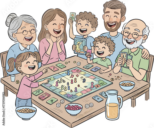 Happy family playing board game together at home, laughing and enjoying quality time in a cozy and cheerful atmosphere.