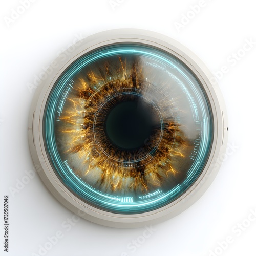 Futuristic robotic eye with glowing teal circuitry, artificial intelligence, technology concept, isolated on white.