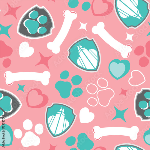 Inspired pink seamless pattern with hearts and bones