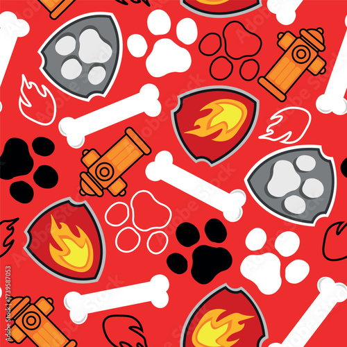 Seamless Firefighter Paw Pattern on Red Background