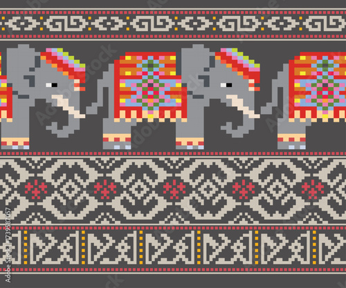 Geometric pattern of elephants, seamless horizontal design for background, decoration, fabric, clothing.