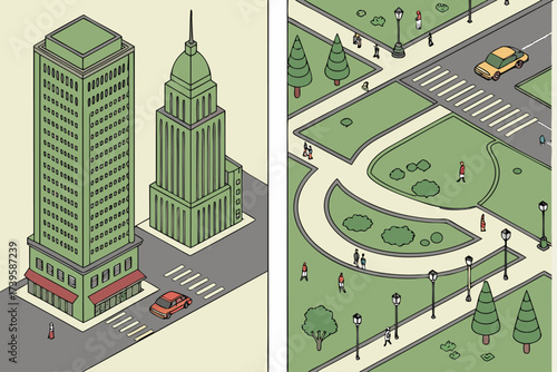 Modern isometric cityscape illustration with geometric buildings and streets