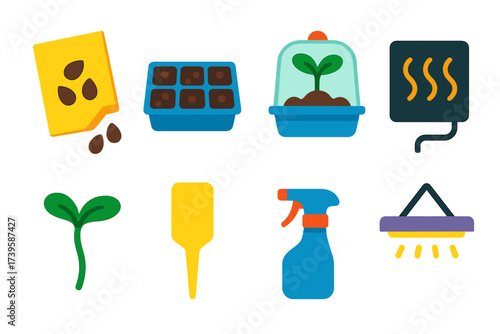 Seed Starting Icons. Flat vector icons of seed starting: seed packet, seed tray, germination dome, heat mat, seedling sprout,