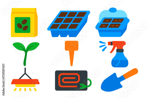 Seed Starting Icons. Flat vector icons of seed starting: seed packet, seed tray, germination dome, heat mat, seedling sprout,