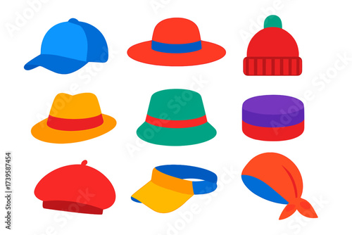 Colorful Headwear Icons. Flat vector icons of headwear: baseball cap, wide-brim hat, beanie, fedora, bucket hat, pillbox, beret,