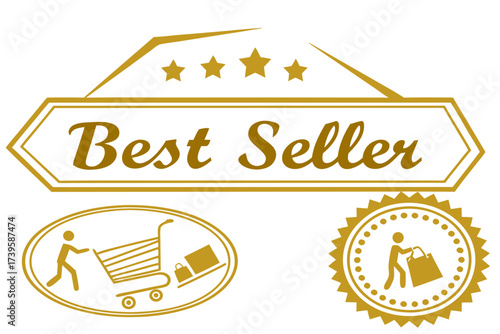 Golden best seller award ribbon and star labels for product promotion