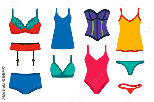 Lingerie Icon Set. Flat vector icons of lingerie: lace bra, silk slip, corset, garter belt, chemise, bralette, boyshorts, bodysuit