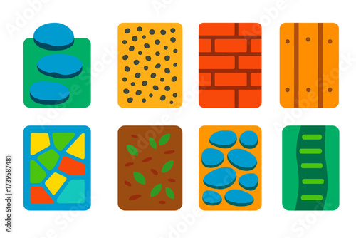 Colorful Garden Paths Icons. Flat vector icons of garden paths: stone stepping, gravel walkway, brick path, wood plank, mosaic